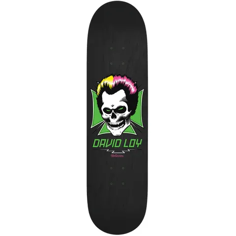 Birdhouse David Loy Skull 8.38 skateboard deck: Skull with green eyes, a quiff dyed yellow on one side and pink on the other, set in front of a green iron cross with a lightning bolt, with the rider's name beneath, on black.