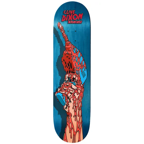 Birdhouse Dixon Blood Drill 8.5 skateboard deck: Blue-stained deck with a hand gripping a power drill, all covered in dripping red blood and gore. Red rider name and Birdhouse text sit at the top.