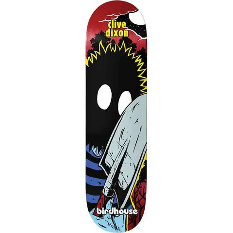 Birdhouse Dixon Digger 8.5 skateboard deck: Black silhouetted hooded figure with wide white eyes and a yellow zigzag outline, holding a large shovel, against a night sky with moon and trees. Rider's name at the top and brand logo at the tail.