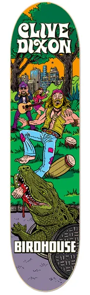 Birdhouse Clive Dixon Mexipulp 8.0 skateboard deck: Pulp-comic scene in a city park: a long-haired hippie in patched flares being attacked by an alligator that has a bloodied arm in its jaws, while two musicians play guitar behind him.