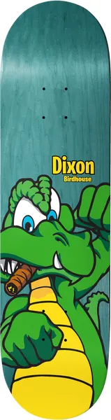 Birdhouse Dixon Remix 8.5 skateboard deck: A cartoon green crocodile with a cigar in its mouth and raised fists, wearing a yellow belly, on a teal wood-stain deck. Dixon and Birdhouse are in black on a yellow label.