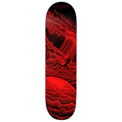 Birdhouse Dixon Skyfall 8.125 skateboard deck: Red and black engraving-style scene of a winged figure falling through storm clouds with shafts of light, above a large planet. Clive Dixon and Birdhouse in small red text at the top.