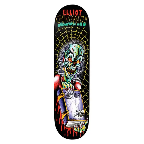 Birdhouse Elliot Sloan Todaro 8.625 skateboard deck: Tattoo-flash style ghoulish green zombie with grey hair and orange eyes, holding a Birdhouse book dripping with blood, in front of a yellow spider web on black. Rider name in dripping red and green horror lettering.