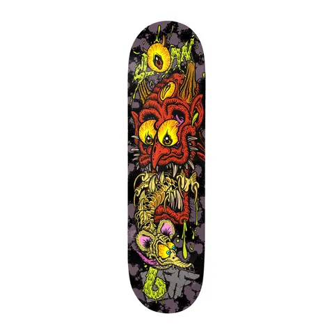 Birdhouse Elliot Sloan Fallen x Birdhouse 8.5 skateboard deck: Cartoon red horned demon with several yellow eyeballs and bony spikes, clutching a skeletal yellow fish-like creature with slime dripping around, on a dark purple splattered background, with graffiti-style lettering.