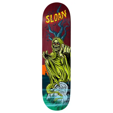 Birdhouse Elliot Sloan Graveyard 8.5 skateboard deck: A hooded green grim reaper skeleton with red eyes rises from a gravestone, pointing and reaching forward, in front of a bare tree, bats and a distant cross-topped graveyard at sunset. Yellow 'Sloan' lettering is at the nose on a maroon deck.