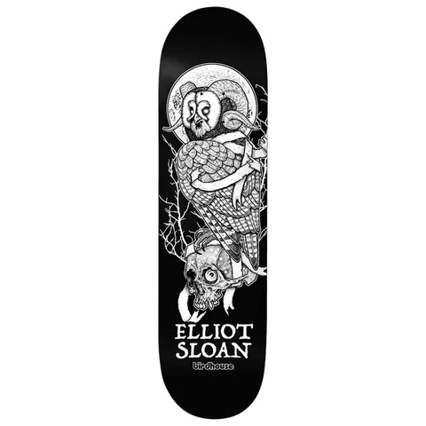 Birdhouse Elliot Sloan Owl 8.5 skateboard deck: Black and white pen-style illustration of a horned owl-headed creature with a ram's horns perched on a skull, wrapped in ribbons before a pale moon and bare branches. ELLIOT SLOAN and the Birdhouse logo are printed below.