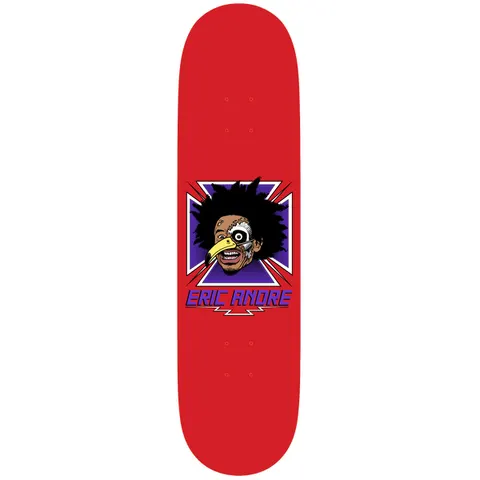 Birdhouse Eric Andre Guest Model 8.5 skateboard deck: Red deck with a central badge of a cartoon man with big black hair, half-robotic eye and a yellow toucan-style beak, in front of a purple Iron Cross. Purple name lettering below.