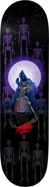 Birdhouse Elliot Sloan Nychos 8.5 skateboard deck: Dark night scene of a skeletal werewolf howling in front of a large purple full moon, surrounded by standing purple skeletons and constellations, with a neon grid below. A red signature logo sits near the bottom.