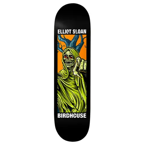 Birdhouse Elliot Sloan Second Life 8.38 skateboard deck: A green hooded skeletal reaper with glowing red eyes points towards the viewer, in front of a bare blue tree on an orange panel, framed on a black deck with white name and brand text.