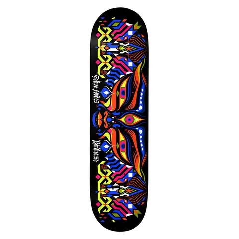 Birdhouse Felipe Nunes Entities 8.25 skateboard deck: A symmetrical, abstract face made of geometric shapes with bold staring eyes, orange swirling stripes and zigzag borders in neon colours on a black deck. Small hand-lettered names run down the centre.