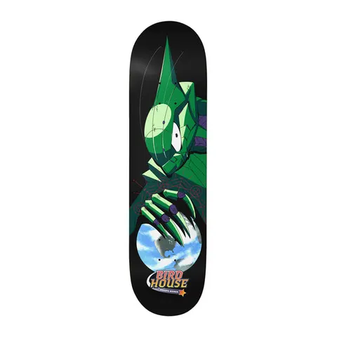 Birdhouse Felipe Nunes Red Shift 8.25 skateboard deck: A green anime-style armoured creature with a pointed head and clawed hand grips a small Earth globe, on a black deck. Birdhouse logo with rider name at the tail.