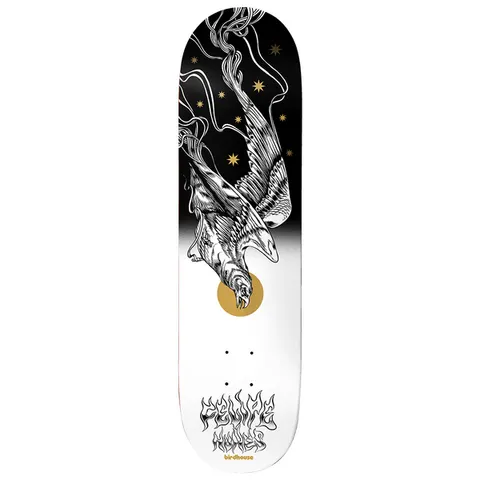 Birdhouse Felipe Nunes Resilient 8.25 skateboard deck: Black-and-white engraving-style bird of prey diving head-first, with smoky trails and gold stars against a black sky that fades to white, and a gold circle behind its head. Metal-style 'Felipe Nunes' lettering and Birdhouse logo at the tail.