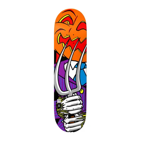 Birdhouse Felipe Nunes Pumpkin XL 8.25 skateboard deck: Cartoon scene of a figure in a purple pinstriped suit and blue tie with a jack-o'-lantern head, holding a large silver pitchfork in a skeleton hand. Bold black outlines and flat bright colours.