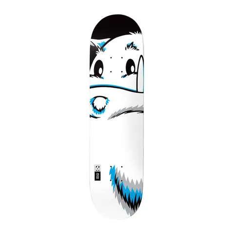 Birdhouse Greyson Fletcher Freeze Guy XL 8.625 skateboard deck: Cropped, oversized cartoon of a white furry yeti-like creature with big eyes, a horn and a cheek tuft, drawn in black outline with blue and grey accents on a white deck.