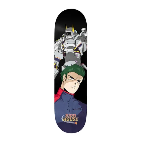 Birdhouse Greyson Fletcher Red Shift 8.625 skateboard deck: Anime-style illustration of a green-haired young man in a blue and red jacket with a large grey horned robot rising behind him, on black. Birdhouse logo at the tail.