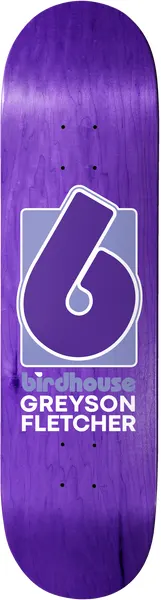 Birdhouse Greyson Fletcher Squared 8.625 skateboard deck: A large purple Birdhouse number-six style b logo on a lilac square, with the brand name in white and the rider name below, on a purple stained deck.