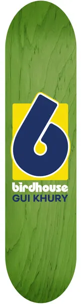Birdhouse Gui Khury Squared skateboard deck: Large navy blue Birdhouse number-6-style 'b' logo in a yellow square on a green stained wood deck, with 'birdhouse' in white and 'GUI KHURY' in navy beneath.