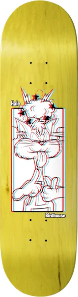 Birdhouse Hale 3D Animals 8.7 skateboard deck: Cartoon cat with crossed arms and a tongue out, an exploding cloud above its head, drawn in red and blue 3D-glasses offset outline on a white panel, on a yellow stained deck.