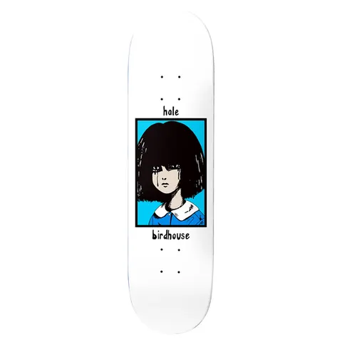 Birdhouse Hale Anniversary 8.3875 skateboard deck: A manga-style illustration of a tearful girl with a black bob and blue collared dress, inside a black-framed blue panel on a white deck, with 'hale' above and 'birdhouse' below in handwritten type.