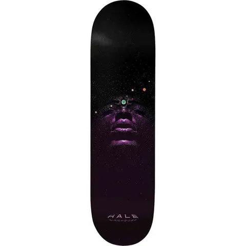 Birdhouse Hale Celestial Mother 8.7 skateboard deck: Stippled purple portrait of a woman's upturned face emerging from a dark starry sky, with a green gem on her forehead and small coloured planets around it. 'Hale' and Birdhouse lettering at the tail.