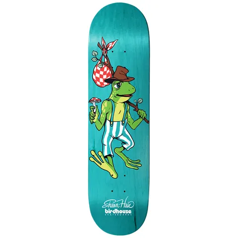 Birdhouse Hale Cosmic Toad 8.38 skateboard deck: A cartoon frog in a brown hat and striped dungarees carries a checked bindle on a stick and holds a red mushroom, on a teal-stained board, with 'Shawn Hale' signed and the Birdhouse logo at the bottom.