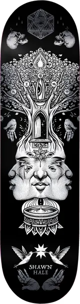 Birdhouse Hale Gateway 9.0 skateboard deck: Black and white detailed illustration of a tree growing from a three-faced head, with an open doorway in the trunk, skulls and a polyhedron at the top, hands holding birds, and a bowl with a flame. Doves, a star and open hands sit at the bottom above the rider name.