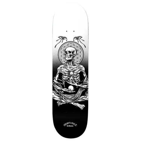 Birdhouse Hale Illusion of Death 8.62 skateboard deck: Black and white skeleton seated cross-legged holding an hourglass and orb in wrapped cloth, with a flower-of-life halo and two Eyes of Horus above, fading from white to black.