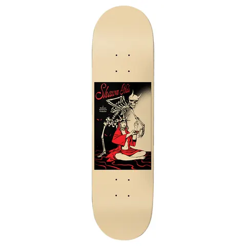 Birdhouse Hale Life Gives Death 8.5 skateboard deck: Poster-style panel of a horned skeleton looming over a seated woman in a red robe and crown, with red ripples beneath them. Script rider name and a production credit in the panel, on a cream deck.