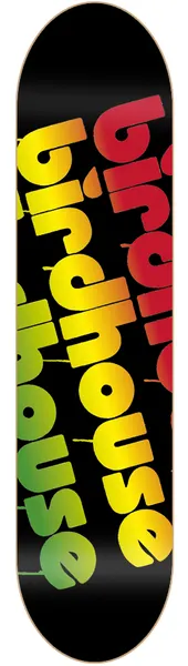 Birdhouse Triple Stack 8.0 skateboard deck: The brand name is repeated in stacked, overlapping lowercase rounded lettering over a black ground. The letters fade from red through orange and yellow to green.