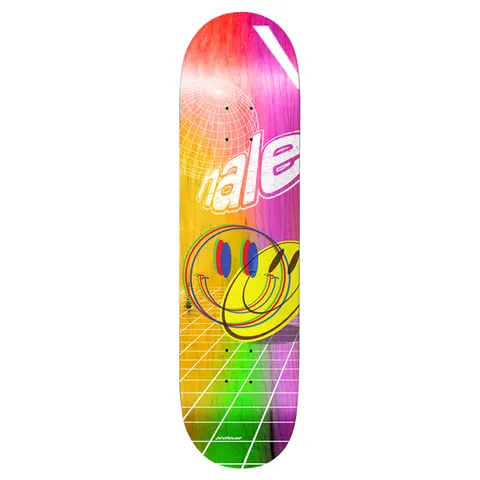 Birdhouse Hale Ravers 8.5 skateboard deck: Rave-inspired design with a glitching yellow smiley face over a neon perspective grid, a wireframe sphere and slanted white 'hale' lettering, on a rainbow gradient stained deck.