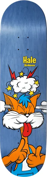 Birdhouse Hale Remix 8.25 skateboard deck: A cartoon orange cat with a blue tuft covers its ears and sticks out its tongue, with a puff of smoke, stars and red lightning bolts above its head, and its hands give the finger. It sits on a blue woodgrain ground.
