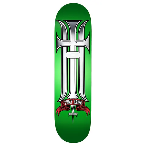 Birdhouse Hawk 30 Year 8.125 skateboard deck: A large chrome and white gothic 'H' formed as a cross with a dagger tip runs down a bright green deck, with a red ribbon banner reading Tony Hawk and a small Birdhouse logo below.