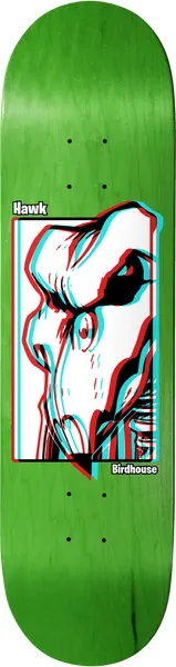 Birdhouse Hawk 3D Animals 8.25 skateboard deck: Close-up of an angry bull or horned animal head drawn in white with red and cyan 3D-glasses offset outlines inside a framed panel, on a green stained deck with the rider and brand names in small white boxes.