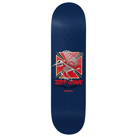 Birdhouse Hawk Artifact 8.0 skateboard deck: A skeletal bird with a long beak and spread wings stands in front of a red iron cross edged with lightning bolts, above red Tony Hawk lettering and a small Birdhouse logo on a navy deck.