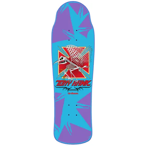 Birdhouse Hawk Artifact Shaped 9.5 skateboard deck: A skeletal bird with a long beak and spread wings stands before a red iron cross edged with lightning, above red Tony Hawk lettering and tribal flourishes, on a shaped deck with purple angular shards on cyan.