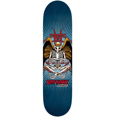 Birdhouse Tony Hawk Birdman 8.25 skateboard deck: Seated skeletal bird-man with brown wings and crossed legs, in front of a red emblem and light blue sunburst on a blue stained deck. Rider name and Birdhouse logo in a red panel at the bottom.