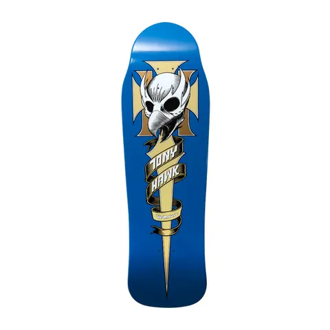 Birdhouse Hawk Crest Old School 9.75 skateboard deck: Old-school shaped blue deck with a white bird skull on a tan iron cross, above a gold sword-shaped ribbon spelling Tony Hawk. Birdhouse text on the ribbon below.
