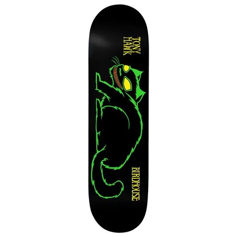Birdhouse Hawk Evil Cat Horizontal 8.25 skateboard deck: Green outlined cat with yellow eyes and a spiked collar lying along the deck on black, with the rider name and brand in yellow lettering up each side.