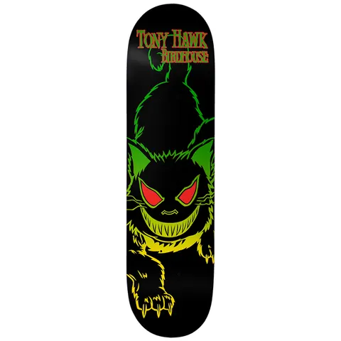 Birdhouse Hawk Evil Cat Vertical 8.0 skateboard deck: Black deck with a crouching cat with glowing red eyes and sharp teeth, outlined in a green-to-yellow gradient. Rider and brand names in red and green lettering at the top.