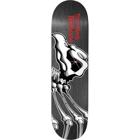 Birdhouse Hawk Falcon 1 Asstd 8.125 skateboard deck: Large grey and white bird skull with a talon of skeletal claws gripping the side of a charcoal-stained deck, with red 'Tony Hawk' and 'Birdhouse' text running along the top.