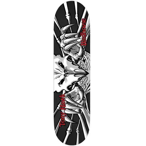 Birdhouse Hawk Falcon 3 Asstd 8.0 skateboard deck: A grey and white skeletal falcon seen from above with its skull head at the centre, spread talons and bony wings, on a black deck with red lettering of the rider name and Birdhouse down each side.