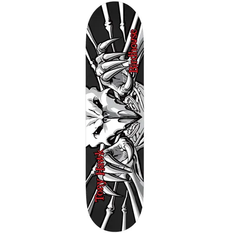 Birdhouse Tony Hawk Falcon 3 Black 8.0 skateboard deck: Black and white illustration of a bird skull with a hooked beak between two clawed talons and skeletal wings on a black deck. Rider name and Birdhouse name in red lettering down the sides.