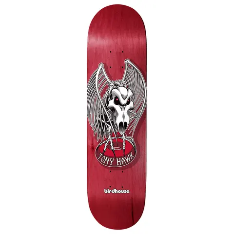 Birdhouse Hawk Falcon 4 8.25 skateboard deck: A skeletal bird with a skull head, red eyes and spread bony wings perched on a red wheel bearing the rider name, on a red wood-stained deck with a small Birdhouse logo at the tail.