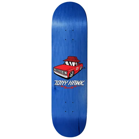 Birdhouse Hawk Hut 8.5 skateboard deck: A red lowrider pickup truck with a red tiled pagoda-style roof on top and fangs in the grille, drawn in cartoon style on a blue stained deck. The rider's name is in white lettering beneath with a red zigzag.