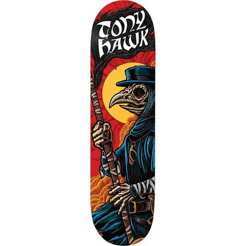 Birdhouse Hawk Plague 8.0 skateboard deck: Plague doctor with a bird-skull mask, blue hat and cloak holds a bandaged staff with a black flag against a large yellow sun and red clouds. Tony Hawk in white gothic lettering at the nose.