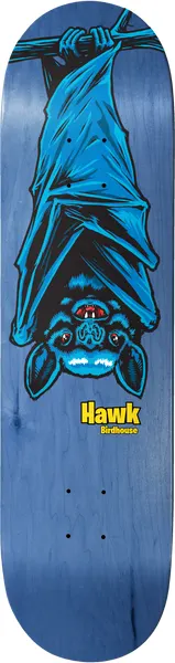 Birdhouse Hawk Remix 8.0 skateboard deck: A blue bat hangs upside down from a branch with its wings wrapped around its body, drawn in a bold cartoon style with black outlines. The rider's name and brand sit in small yellow text below it on a stained blue deck.