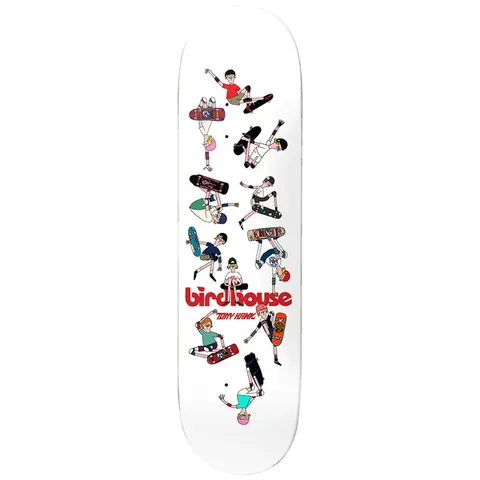 Birdhouse Hawk Retrospective 8.25 skateboard deck: Many small cartoon skaters in different poses and outfits, each with a different vintage-style board, scattered across a white deck. Red Birdhouse logo in the lower half with the rider name beneath.