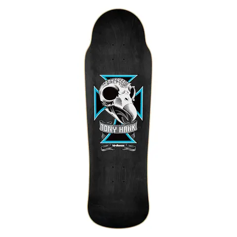 Birdhouse Hawk Skull 2 9.75 skateboard deck: Black-stained old-school shaped deck with a bird skull in front of a blue and black iron cross, with a grey banner reading the rider's name. Small Birdhouse logo below.