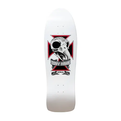 Birdhouse Hawk Skull 2 Old School 10.25 skateboard deck: A bird skull on a red and black Maltese cross with a grey banner carrying the rider's name, on a white old-school shaped deck. Small Birdhouse text beneath.