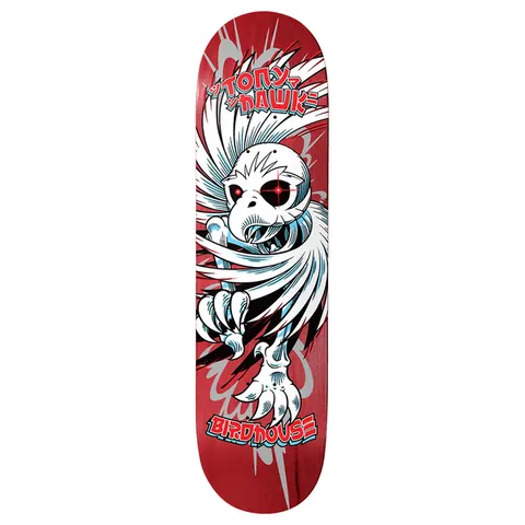 Birdhouse Hawk Spiral 8.0 skateboard deck: White skeletal hawk with red crosshair eyes, wings spread and talon raised, drawn in comic style over a red stained deck with grey burst shapes. Tony Hawk name in Japanese-style lettering above and the Birdhouse logo below.